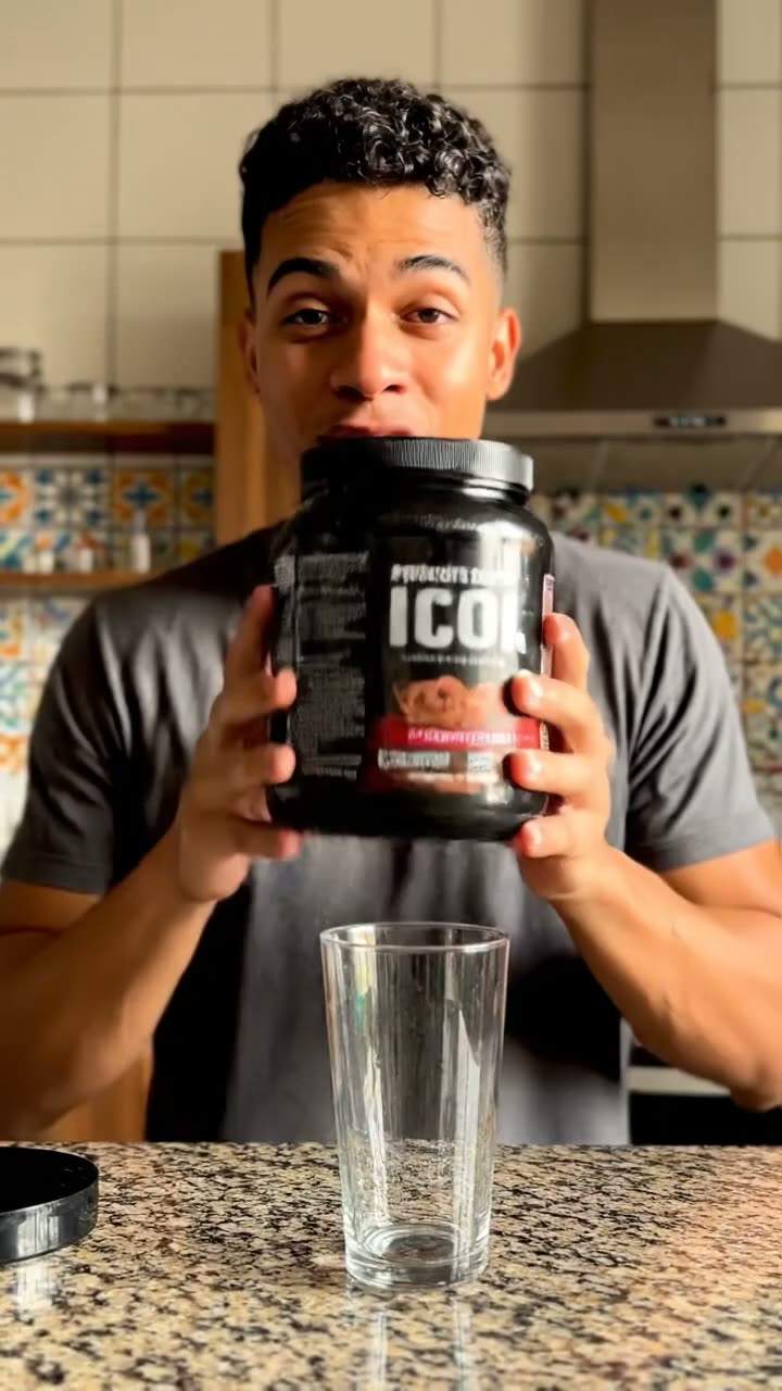 Criador apresentando um pote de whey protein na cozinha